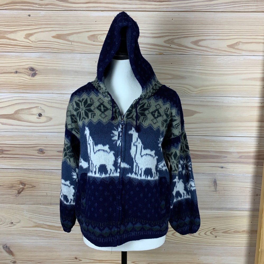 Handmade Llama Wool Zip Hoodie Youth 10 Blue Folk Intarsia Knit Sweater Jacket